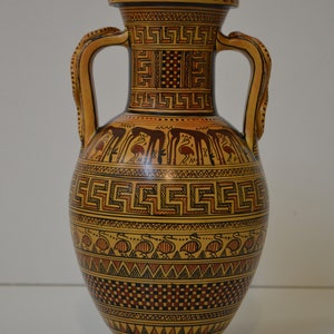 Anfora con manico a serpente geometrico da 22 cm, ceramica greca, replica realizzata a mano