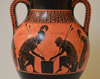 Ceramica greca, replica fatta a mano, figure nere, Achille e Aiace che giocano a Pessous, guerra di Troia, Exekias
