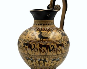 Greek Pottery, Hand made replica, Black Figure, wild goat Oinohoe.