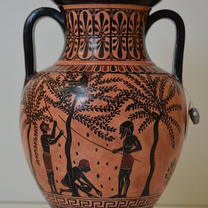 May include: Black and red Greek amphora with a lid. The amphora is decorated with a black and white geometric pattern and a scene of figures harvesting olives from a tree.