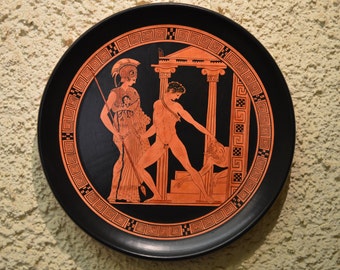 Greek Pottery, Hand made, Red Figure Wall Plate, Theseus and the Minotaur