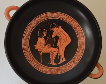 Greek Pottery, Hand made replica, Red Figure Kylix, Dionysos, Stables, Lyre player, Horses
