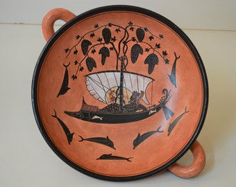 Figura negra de 20 cm Kylix, Dionysos navegando, cerámica griega, reproducción hecha a mano,