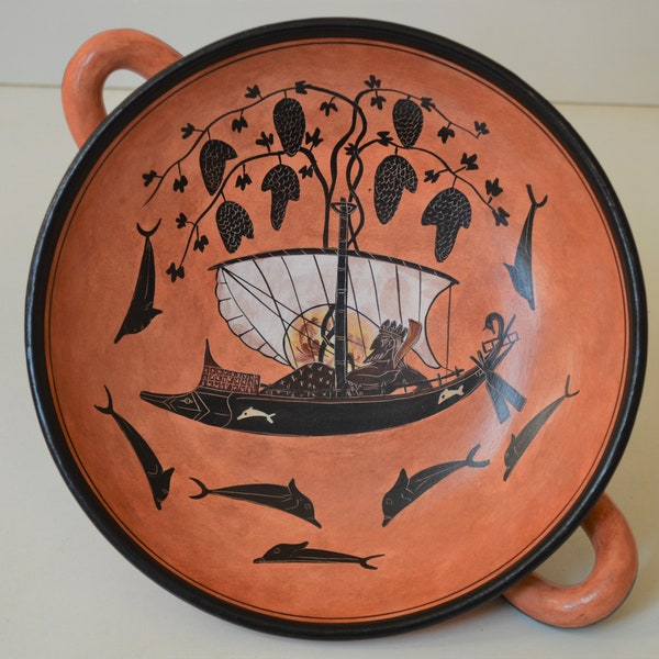 20cm Black Figure Kylix, Dionysos Sailing, Greek Pottery, Hand made reproduction,