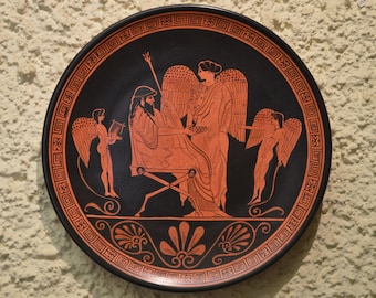 Greek Pottery, Hand made replica, Red Figure Wall Plate, Zeus and Nike