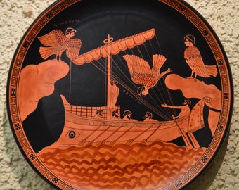 Greek Pottery, Hand made, Red Figure Wall Plate, Odysseus and the Sirens