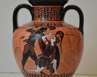 35cm Black Figure Neck Amphora, Achilles Fighting Penthesilea, Greek Pottery, Hand made replica,