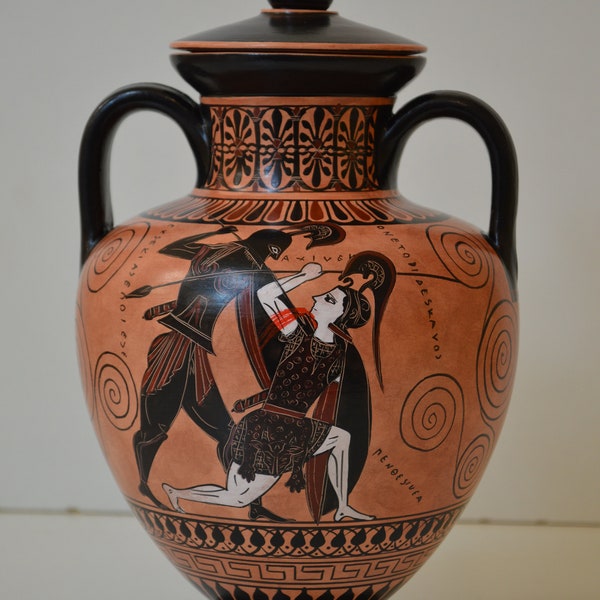 35cm Black Figure Neck Amphora, Achilles Fighting Penthesilea, Greek Pottery, Hand made replica,