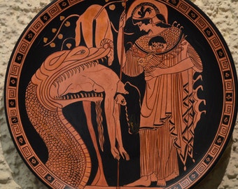 Greek Pottery, Hand Made, Red Figure Wall Plate, Jason and the