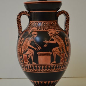 Greek Pottery, Hand made replica, Red and Black Figure Bilingual Amphora, Achilles and Ajax Playing Pessous