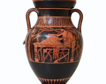 Greek Pottery, Hand made replica, Red and Black Figure Bilingual Amphora, Heracles Feasting