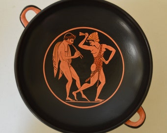 Handmade Greek Pottery Kylix Cup, Flute Player, Symposium Scene