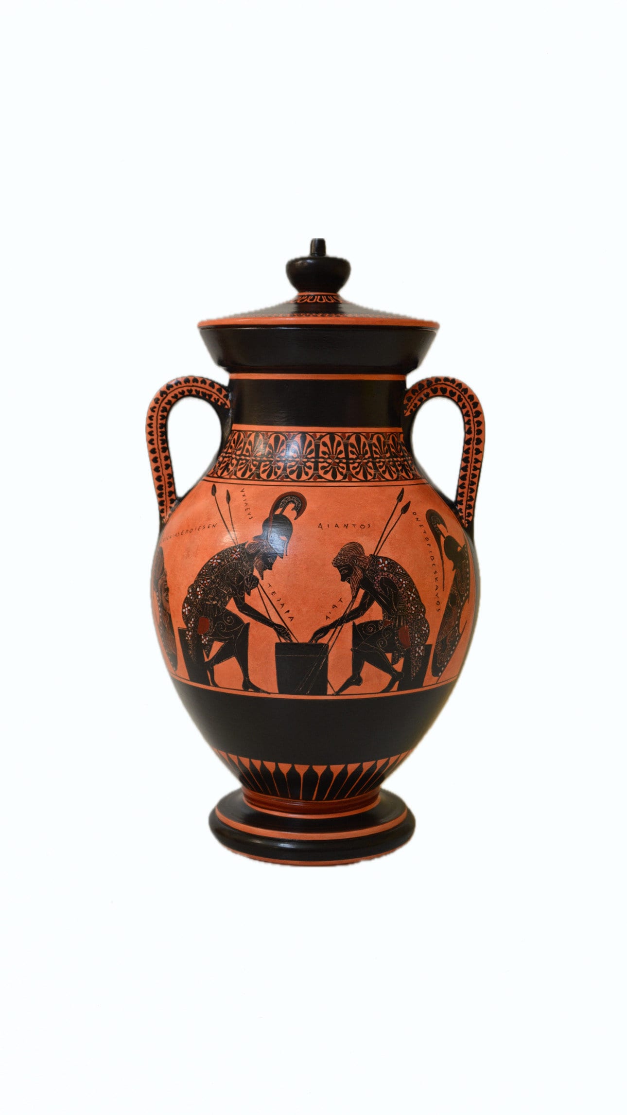 Greek Pottery, Hand made replica, Black Figure, Achilles and Ajax Playing Pessous, Trojan war, Exekias