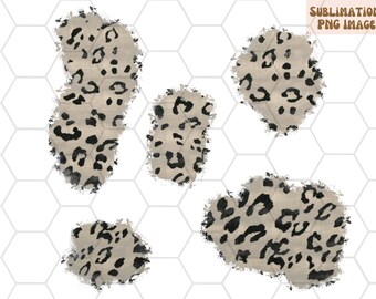 May include: Five abstract shapes with a black and white leopard print pattern on a white background. The shapes are irregular and have a watercolor effect.