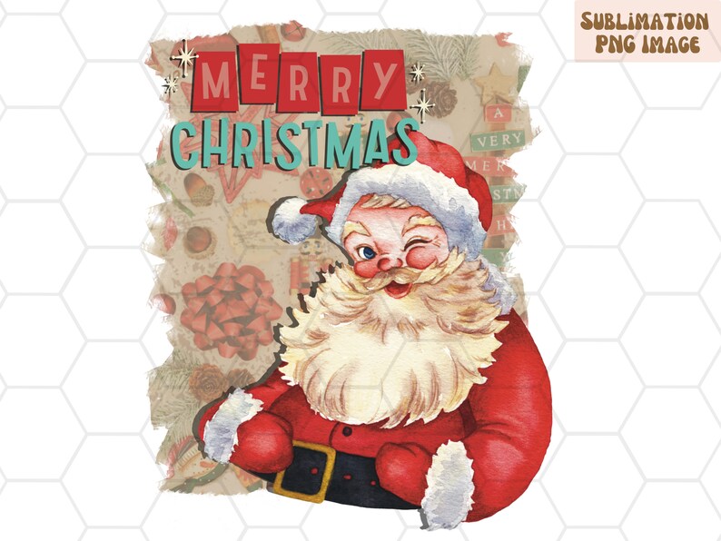 May include: A vintage-style illustration of Santa Claus with a red suit, white beard, and a mischievous wink. The text "Merry Christmas" is written in red and teal letters above him.