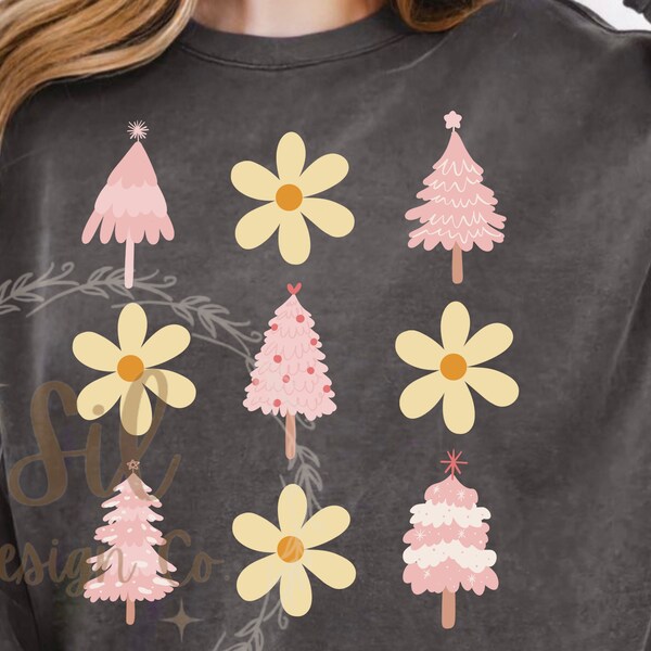 Pink Christmas Trees png for sublimation, retro flowers Christmas trees, girly Christmas shirt design, retro holiday dtf image, retro vibe