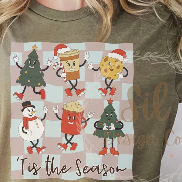 Tis The Season Png, Retro Christmas shirt design, Groovy Retro Christmas sublimation, check background Christmas png, Trendy Christmas Shirt