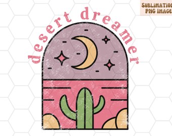 Desert Dreamer PNG | Wzór sublimacji z kaktusem, księżycem i gwiazdami (pobranie cyfrowe)