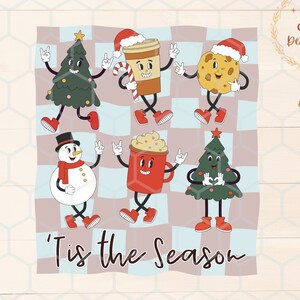 Trendy Boże Narodzenie PNG, Tis The Season Png, Retro projekt koszulki świątecznej, Groovy Retro sublimacja świąteczna, sprawdź tło Boże Narodzenie png