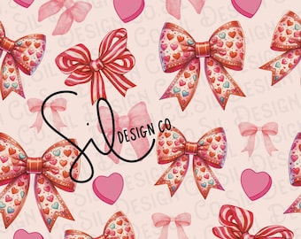 Valentines Bows and Hearts Seamless Pattern, Trendy Digital Paper (JPG)