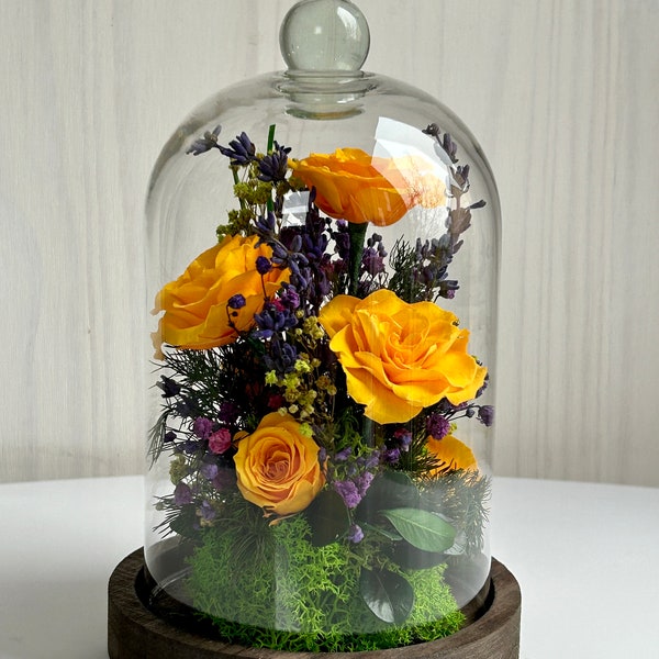 Composition florale sous cloche en verre. Roses jaunes sous cloches