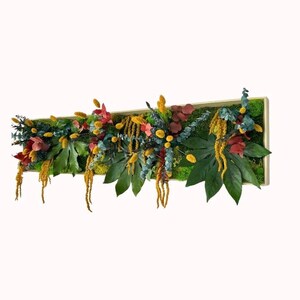 Pintura panorâmica de plantas feita com plantas estabilizadas e flores secas – Decoração de parede natural e sustentável, sem necessidade de manutenção