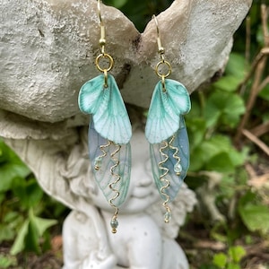 Mint Green Fairy Wing Earrings with Wired Pale Green Crystals, Cottagecore Butterfly Jewelry, Fairycore Gift, Silver or Gold Wire Option