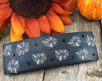 Spider Web Hair Clip,  Spooky Halloween Hair Barrette with Polymer Clay Cane Spider Webs & Black Crystals, Gothic Hair Accessory