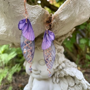 Purple Butterfly Wing Earrings, Double Wing Fairy Earrings With Copper Wired Lavender Crystals, Fairycore Insect Jewelry, Cottage core Gift