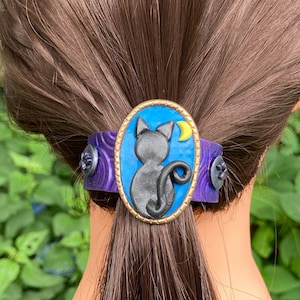 Whimsical Black Cat Hair Clip - Polymer Clay Ponytail French Barrette - Large Hair Barrettes - Halloween Hair Accessory  - Whimsigoth Gift