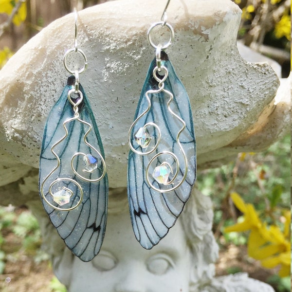 Blue Butterfly Wing Crystal Dangle Earrings, Sterling Silver Ear Wires, Handcrafted Fairy Earrings, Cottagecore Nature Jewelry