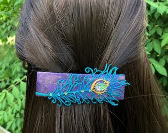 Peacock Feather Hair Clip, Colorful Purple Blue & Green Handmade Polymer Clay Hair Barrette with Rhinestone Crystals, Peacock Wedding pin