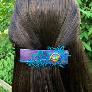 Peacock Feather Hair Clip, Colorful Purple Blue & Green Handmade Polymer Clay Hair Barrette with Rhinestone Crystals, Peacock Wedding pin