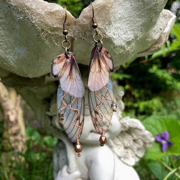 Fairy Grunge Earrings, Woodland Fairy Wing Earrings with Nickel-free Ear Wires, Butterfly Wing Fairycore Jewelry with Copper Crystals