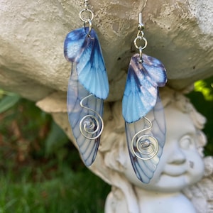 Blue Fairy Wing Earrings, Silver Crystal Wired Butterfly Wings, Fairycore Cosplay Jewelry, Cottagecore Gift For Her