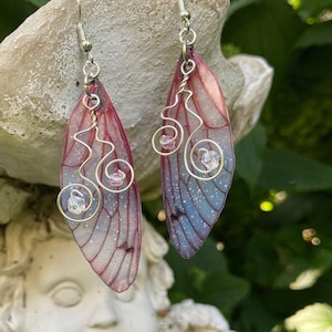 Pink Fairy Wing Earrings, Crystal Fairy Earrings, Cicada or Dragonfly Jewelry, Faerie Dangles With Silver Wires or Sterling Silver Option