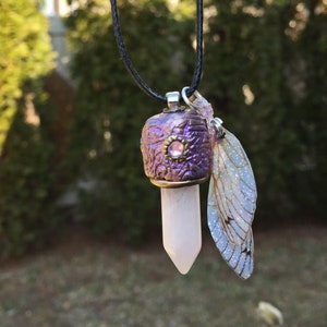 Rose Quartz Fairycore Necklace, Pendulum Crystal Point Gemstone Fairy Wing Pendant with Purple Polymer Clay Bail, Fairy Jewelry Gift