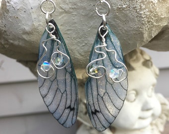 Fairy Wing Earrings, Sparkly Butterfly Wing Earrings, Transparent Green Gray Cicada Dragonfly Earrings with Crystals, Fairy Wedding Jewelry