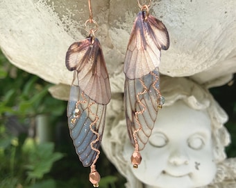 Woodland Fairy Grunge Earrings, Cottage Fairy Wing Earrings, Crystal Butterfly or Cicada Insect Jewelry, Copper Wires,  Naturecore Gift Idea