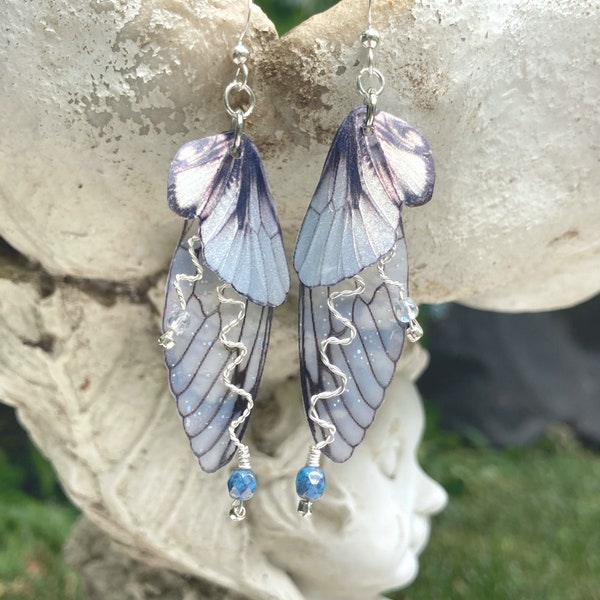 Silver Fairy Grunge Earrings, Cottage Fairy Wing Earrings, Crystal Butterfly or Cicada Insect Jewelry, Sterling Silver Ear Wire Option