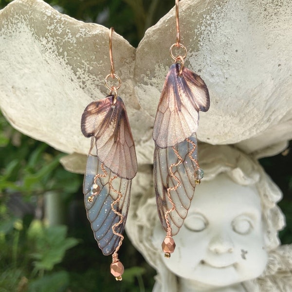 Woodland Fairy Grunge Earrings, Cottage Fairy Wing Earrings, Crystal Butterfly or Cicada Insect Jewelry, Copper Wires,  Naturecore Gift Idea