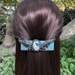 Blue Raven Hair Barrette - Handmade Crow and Feather Crystal Hair Clip, Polymer Clay Witch Hair Pin - Whimsigoth Gift- Gothic Cottagecore