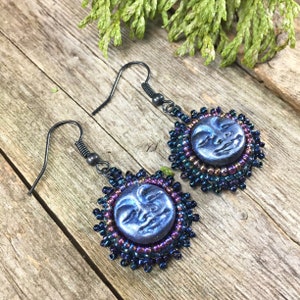 Whimsigothic Moon Earrings, Hand Beaded Small Dangle Polymer Clay Blue Luna Moon Earrings with Purple & blue beads, Boho Celestial Jewelry,