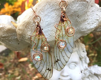 Fairy Wing Earrings, Sparkly Butterfly Wing Earrings, Transparent Gold Glitter Cicada or Dragonfly Earrings with Copper Ear Wires & Crystals