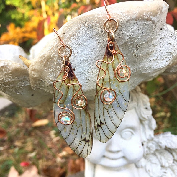 Fairy Wing Earrings, Sparkly Butterfly Wing Earrings, Transparent Gold Glitter Cicada or Dragonfly Earrings with Copper Ear Wires & Crystals