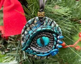 Dragon Ornament, Fantasy Themed Christmas Tree Decor, Sculpted Polymer Clay Vivid Green Blue Dragon Eye, Holiday Ornament Gift Exchange Idea
