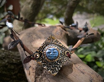 Blue Moon Goddess Tiara – Polymer Clay Leafy Wiccan Crown