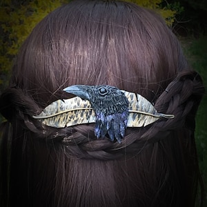 Raven Feather Hair Barrette - Handmade Polymer Clay Sculpted Hair Pin -  Large Black Crow Gothic Hair Clip for Thick Hair - Witchy Gift