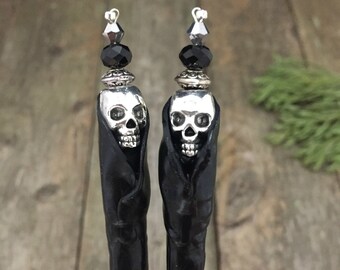 Grim Reaper Hair Stick, Polymer Clay Skull Hair Sticks, 6 " Crystal Beaded Hair Wands, Gothic Hair Pick for Messy Bun Hairstyle, Goth Gift
