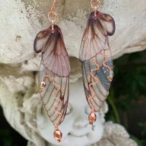 Woodland Fairy Grunge Earrings, Cottage Fairy Wing Earrings, Crystal Butterfly or Cicada Insect Jewelry, Copper Wires, Naturecore Gift Idea image 2